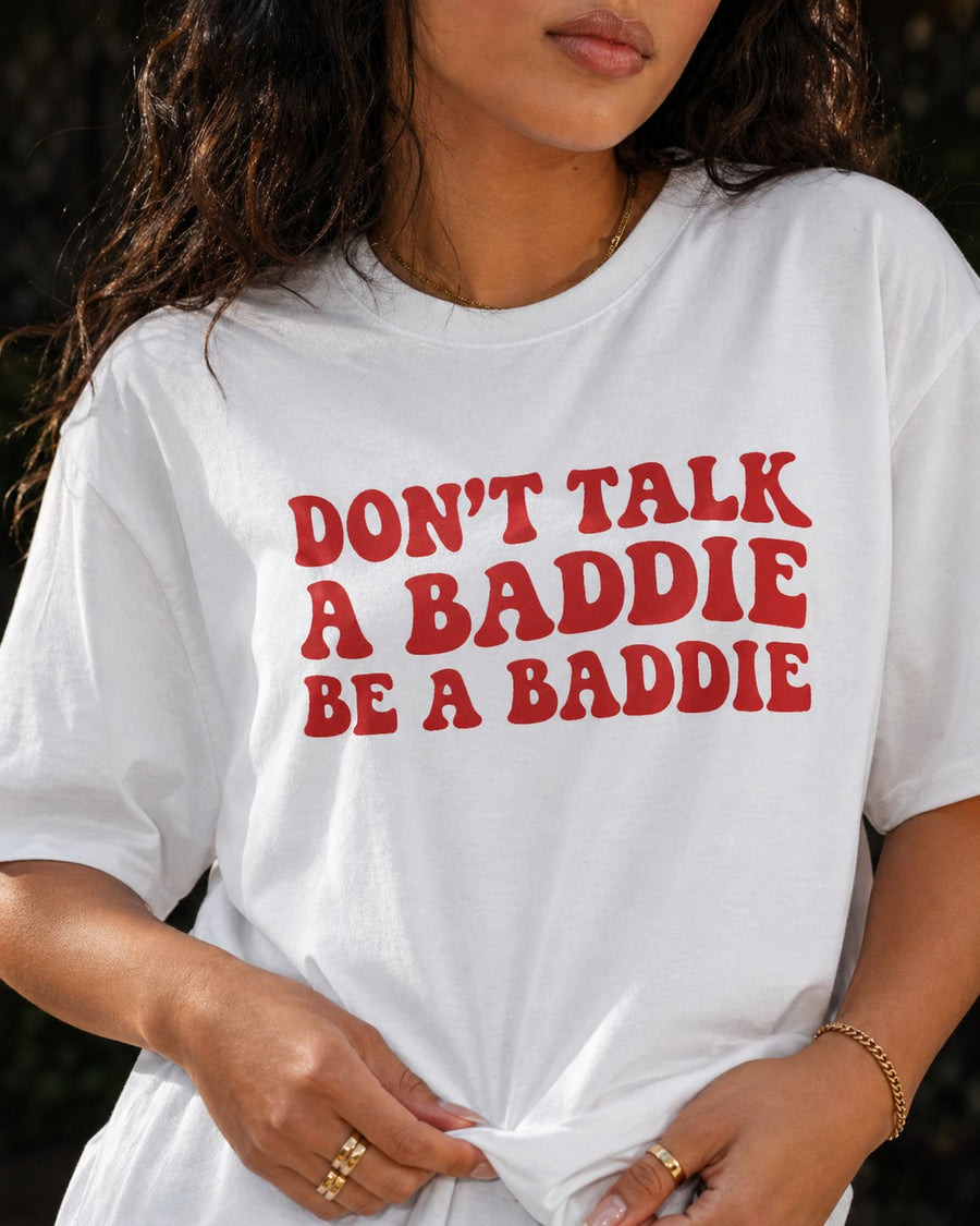 BaddieWear print detail on black tee